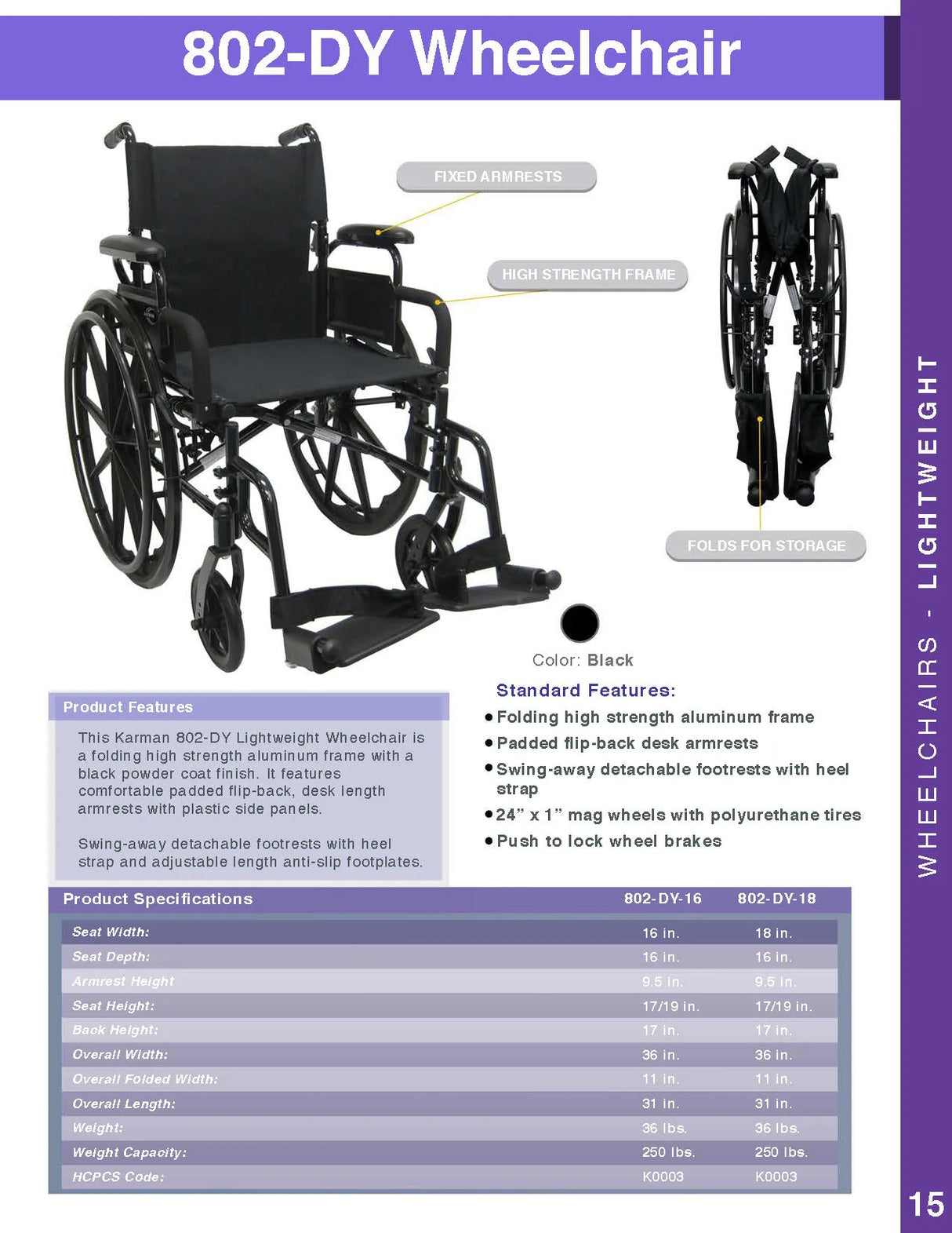 Karman Healthcare 802-DY Ultra Lightweight Wheelchair